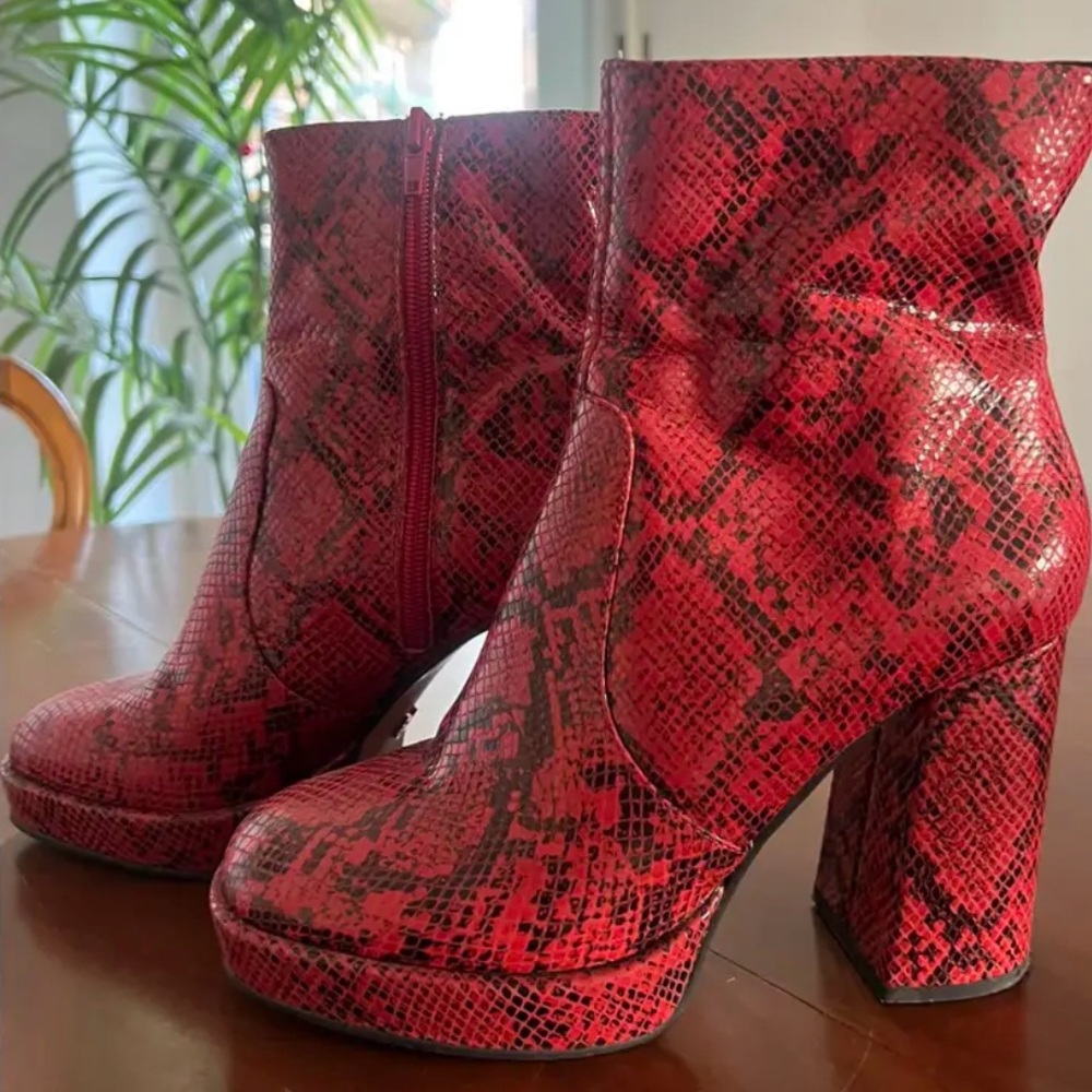 Naked Wolfe Red Snake Print Ankle Boots